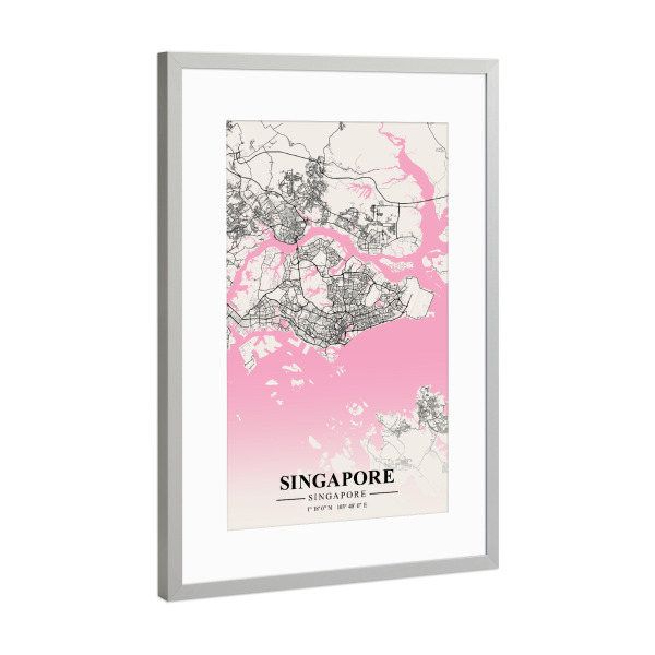 Poster mit Rahmen Silber "City Map Singapur" artboxONE - Städte / Singapur,Kartografie
