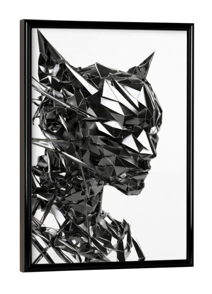 Poster mit schwarzem Rahmen "Catgirl" artboxONE - Abstrakt - Hauskatze,Gesicht,Stahl,Handwerk,Porträt,Metalle,Schwarz,Skulptur
