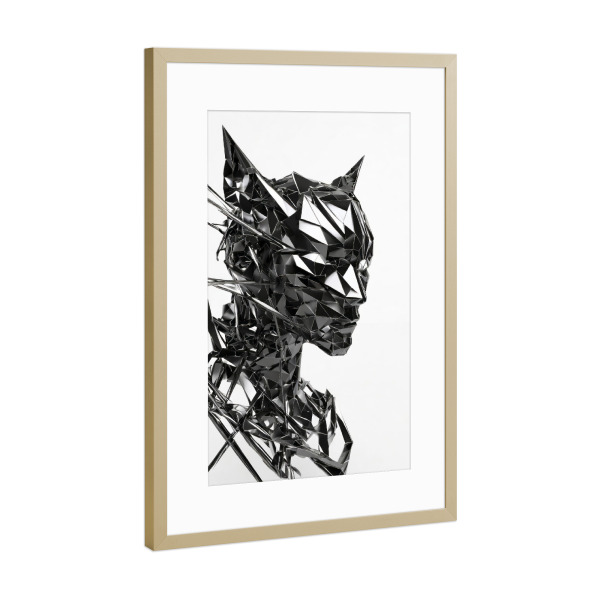 Poster mit Rahmen Gold "Catgirl" artboxONE - Abstrakt - Hauskatze,Gesicht,Stahl,Handwerk,Porträt,Metalle,Schwarz,Skulptur