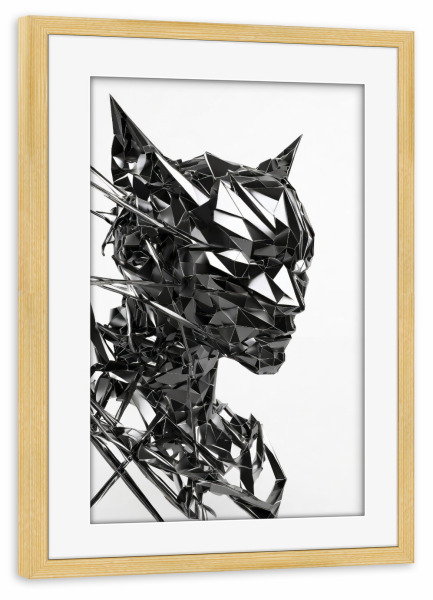 Poster mit Rahmen kiefer "Catgirl" artboxONE - Abstrakt - Hauskatze,Gesicht,Stahl,Handwerk,Porträt,Metalle,Schwarz,Skulptur