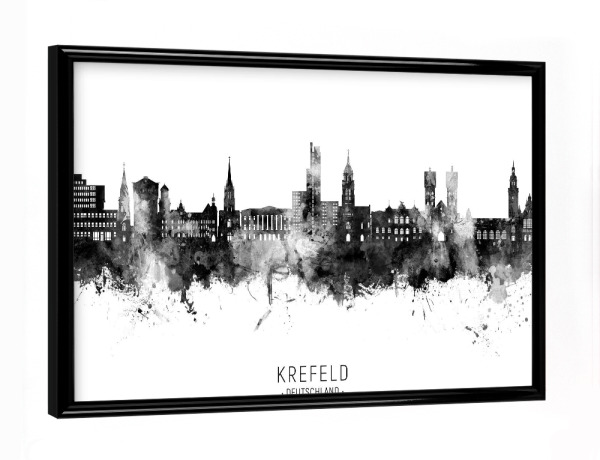 Poster mit schwarzem Rahmen "Krefeld Skyline BW Text" artboxONE - Städte,Schwarzweiß - Krefeld,Deutschland,Skyline,Aquarell,Gemälde,Stadtbild