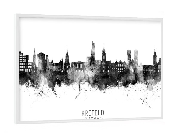 Poster mit weißem Rahmen "Krefeld Skyline BW Text" artboxONE - Städte,Schwarzweiß - Krefeld,Deutschland,Skyline,Aquarell,Gemälde,Stadtbild