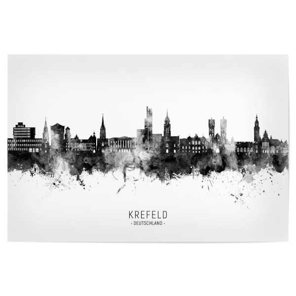 Poster 30x20 cm "Krefeld Skyline BW Text" artboxONE - Städte,Schwarzweiß - Krefeld,Deutschland,Skyline,Aquarell,Gemälde,Stadtbild