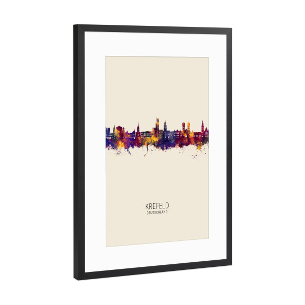 Poster mit Rahmen Schwarz (Metallic) "Krefeld Deutschland Skyline Beige" artboxONE - Städte - Krefeld,Deutschland,Skyline,Stadtbild,Aquarell,Gemälde