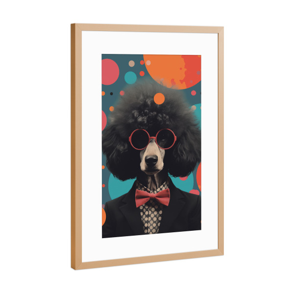 Poster mit Rahmen Kupfer "Funkiger Pudel" artboxONE - Tiere,Comic,Abstrakt - Tier,Kunst,Schwarz,Blau,Funky,Lustig,Orange,Pudel,Pop art,Anzug,Surreal