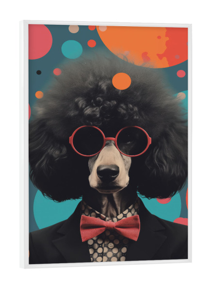 Poster mit weißem Rahmen "Funkiger Pudel" artboxONE - Tiere,Comic,Abstrakt - Tier,Kunst,Schwarz,Blau,Funky,Lustig,Orange,Pudel,Pop art,Anzug,Surreal