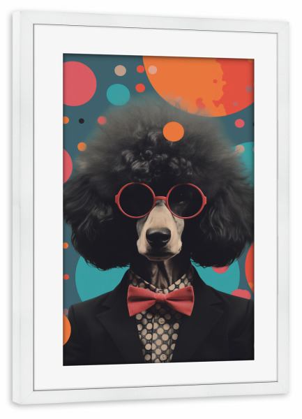 Poster mit Rahmen weiß "Funkiger Pudel" artboxONE - Tiere,Comic,Abstrakt - Tier,Kunst,Schwarz,Blau,Funky,Lustig,Orange,Pudel,Pop art,Anzug,Surreal