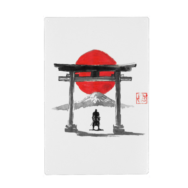 Metall Poster "Samurai am Tor" artboxONE - Reise / Asien - Samurai,Tor,Tempel,Sonne,Fuji,Sumie,Japan - Blechschild