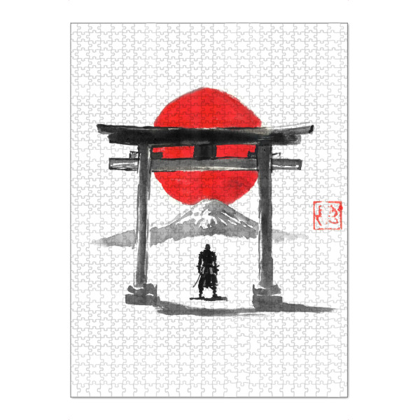 Puzzle Ravensburger "Samurai am Tor" artboxONE - Reise / Asien - Samurai,Tor,Tempel,Sonne,Fuji,Sumie,Japan - Bild samurai