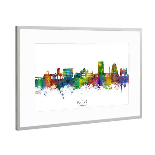 Poster mit Rahmen Silber "Jaffna Sri Lanka Skyline txt" artboxONE - Städte - Jaffna,Sri lanka,Skyline,Stadtbild,Stadtbild,Aquarell,Malerei