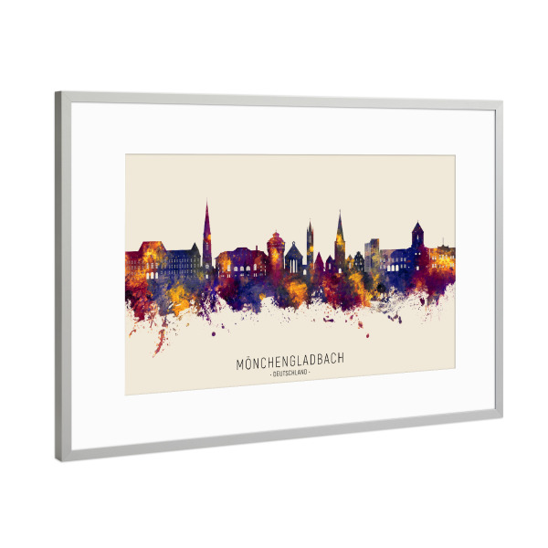 Poster mit Rahmen Silber "Mönchengladbach -- Skyline" artboxONE - Städte - Mönchengladbach,Deutschland,Skyline,Stadtbild,Stadtbild,Aquarell,Malerei