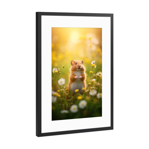 Poster mit Rahmen Schwarz (Metallic) "Cute hamster in a field in spring" artboxONE - Natur,Tiere