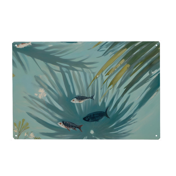 Metall Poster "Karibik Feeling im Pool" artboxONE - Tiere,Unterwasser - Fische,Karibik,Unter wasser,Tropen,Tropisch,Palmblätter,Swimming pool,Sommer