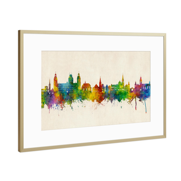 Poster mit Rahmen Gold "Aschaffenburg Skyline Urban" artboxONE - Städte - Aschaffenburg,Deutschland,Skyline,Stadtbild,Aquarell,Malerei