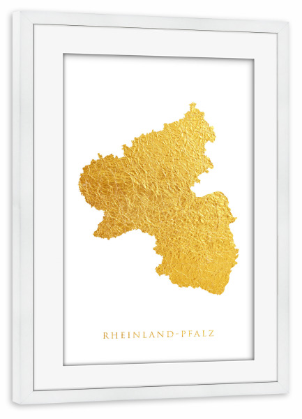 Poster mit Rahmen weiß "Goldkarte Rheinland-Pfalz" artboxONE - Kartografie - Rheinland-pfalz,Deutschland,Deutschland,Karte,Gold