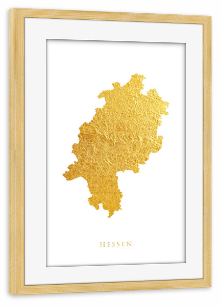 Poster mit Rahmen kiefer "Goldkarte Hessen" artboxONE - Kartografie - Hessen,Deutschland,Deutschland,Karte,Gold