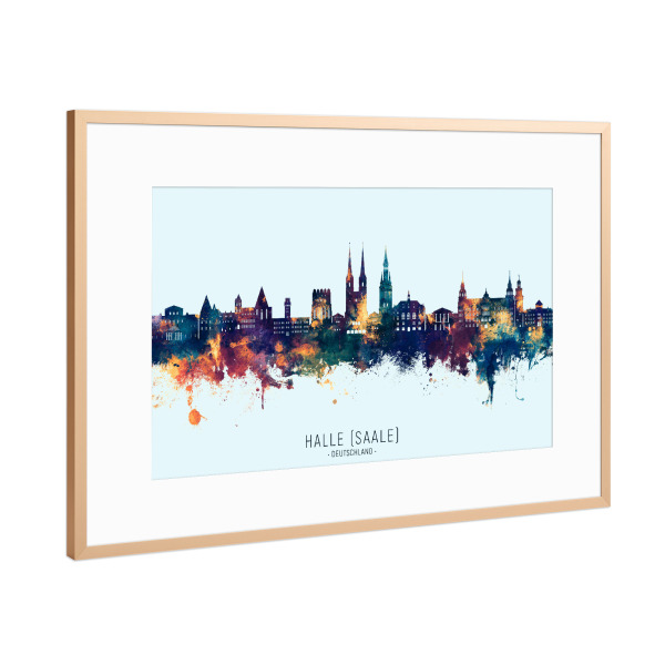 Poster mit Rahmen Kupfer "Halle (Saale) Skyline BlauOrange" artboxONE - Städte
