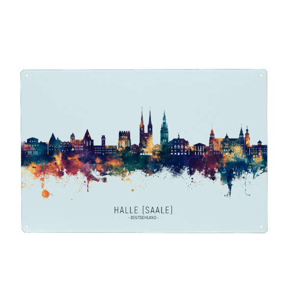 Holzbild "Halle (Saale) Skyline BlauOrange" artboxONE - Städte - Halle (saale),Deutschland,Deutschland,Skyline,Stadtbild,Stadtbild,Aquarell,Malerei