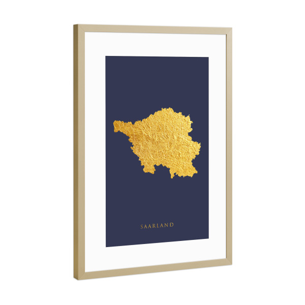 Poster mit Rahmen Gold "Saarland Goldkarte Blau" artboxONE - Kartografie - Saarland,Deutschland,Deutschland,Karte,Gold