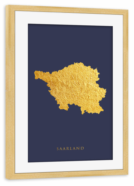 Poster mit Rahmen kiefer "Saarland Goldkarte Blau" artboxONE - Kartografie - Saarland,Deutschland,Deutschland,Karte,Gold
