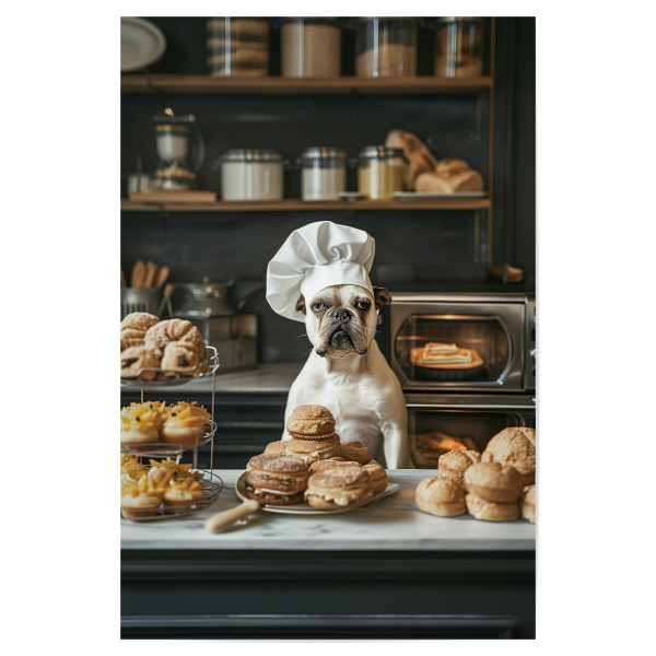 Poster 30x20 cm "Bäckereihund" artboxONE - Tiere,Lustig - Anthropomorphismus,Bäckerei,Kuchen,Koch,Kostüm,Niedlich,Hund,Lustig,Humor,Küche,Muffins