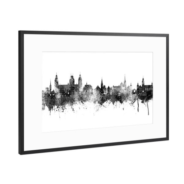 Poster mit Rahmen Schwarz (Metallic) "Aschaffenburg Skyline Schwarz" artboxONE - Städte,Schwarzweiß