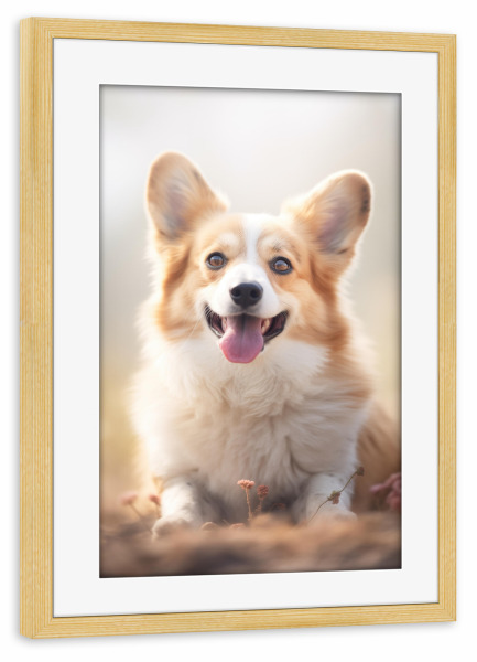 Poster mit Rahmen kiefer "Glücklicher Corgi" artboxONE - Tiere - Tier,Bokeh,Corgi,Niedlich,Hund,Glücklich,Fotografie,Porträt,Lächelnd,Weiß