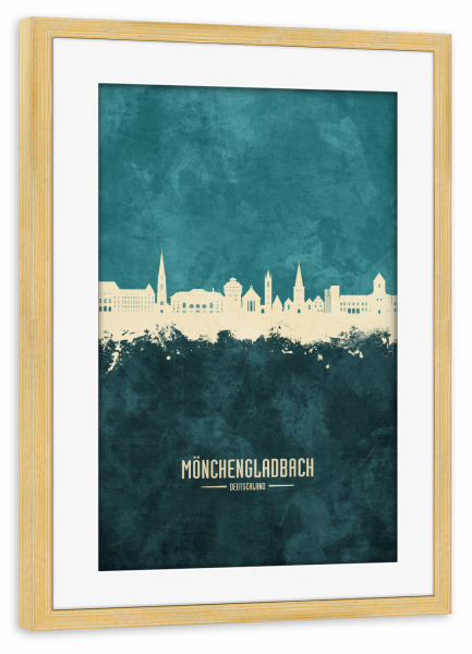 Poster mit Rahmen kiefer "Mönchengladbach Skyline Türkis" artboxONE - Städte - Mönchengladbach,Deutschland,Skyline,Stadtbild,Aquarell,Malerei
