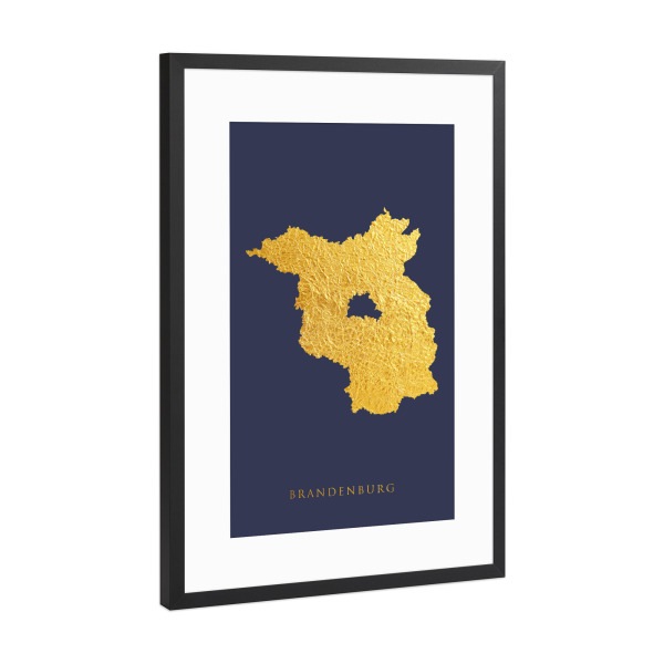 Poster mit Rahmen Schwarz (Metallic) "Brandenburgische Goldkarte Blau" artboxONE - Kartografie - Brandenburg,Deutschland,Karte,Gold