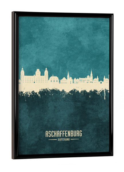 Poster mit schwarzem Rahmen "Skyline Aschaffenburg Türkis" artboxONE - Städte - Aschaffenburg,Deutschland,Skyline,Stadtbild,Aquarell,Malerei