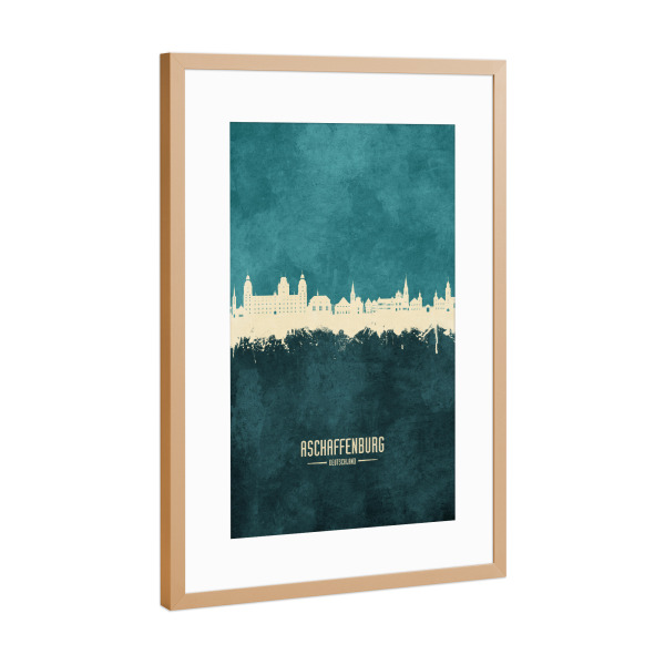 Poster mit Rahmen Kupfer "Skyline Aschaffenburg Türkis" artboxONE - Städte - Aschaffenburg,Deutschland,Skyline,Stadtbild,Aquarell,Malerei
