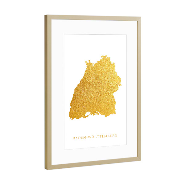 Poster mit Rahmen Gold "Goldkarte Baden-Württemberg" artboxONE - Kartografie - Baden-württemberg,Deutschland,Karte,Gold