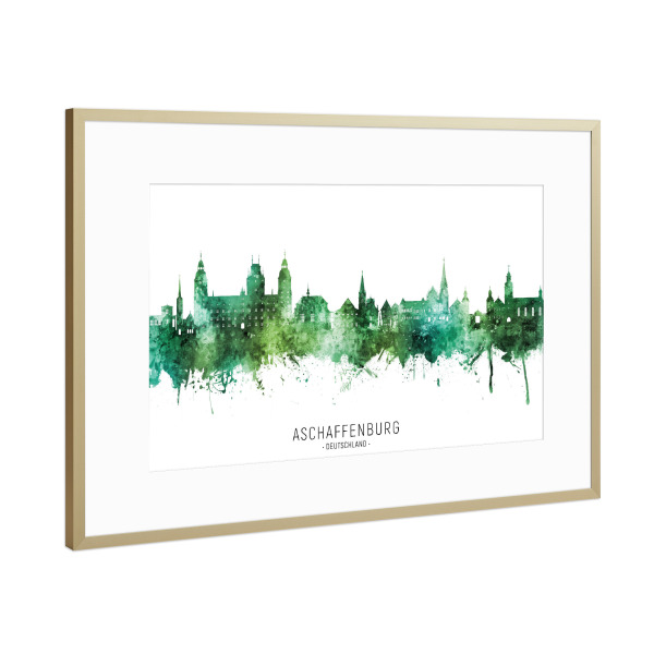 Poster mit Rahmen Gold "Aschaffenburg Skyline Grüner Name" artboxONE - Städte - Aschaffenburg,Deutschland,Skyline,Stadtbild,Aquarell,Malerei