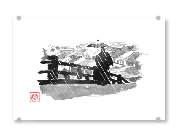Acrylglasbild "Samurai im Regen" artboxONE - Schwarzweiß,Reise / Asien - Samurai,Brücke,Edo,Häuser,Regen,Regenschirm,Sumie,Japan