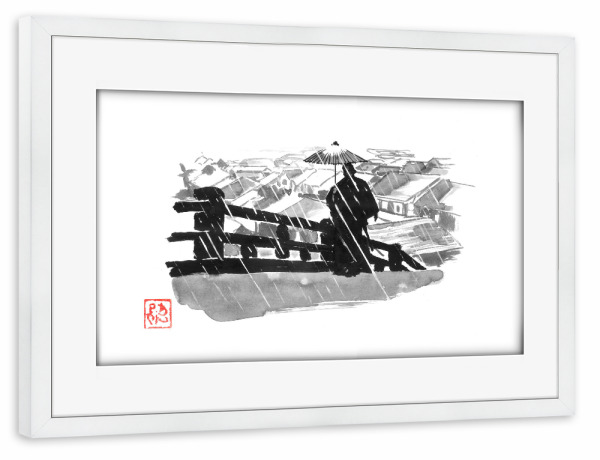 Poster mit Rahmen weiß "Samurai im Regen" artboxONE - Schwarzweiß,Reise / Asien - Samurai,Brücke,Edo,Häuser,Regen,Regenschirm,Sumie,Japan