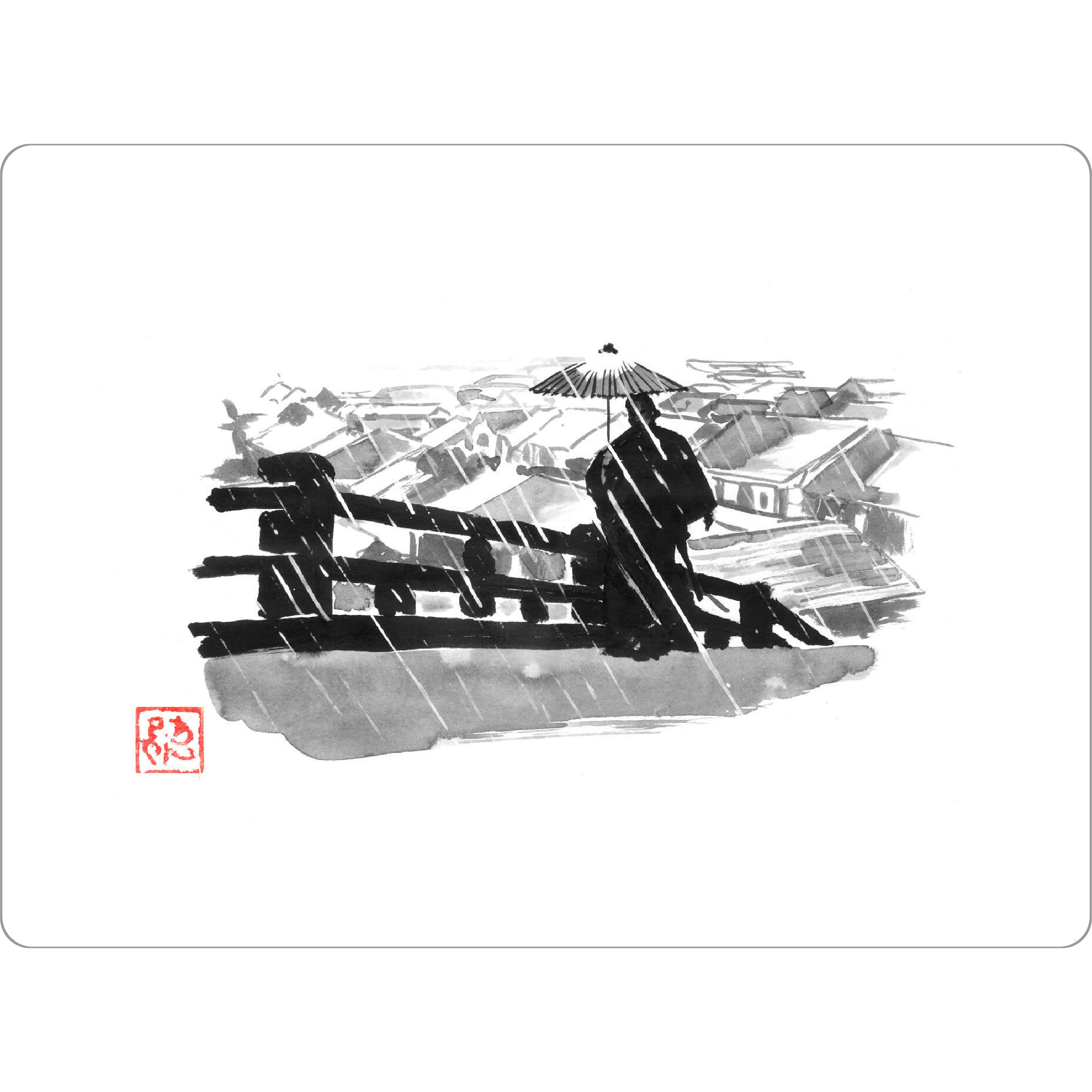 Tischset "Samurai im Regen" artboxONE - Schwarzweiß,Reise / Asien - Samurai,Brücke,Edo,Häuser,Regen,Regenschirm,Sumie,Japan - Bild samurai
