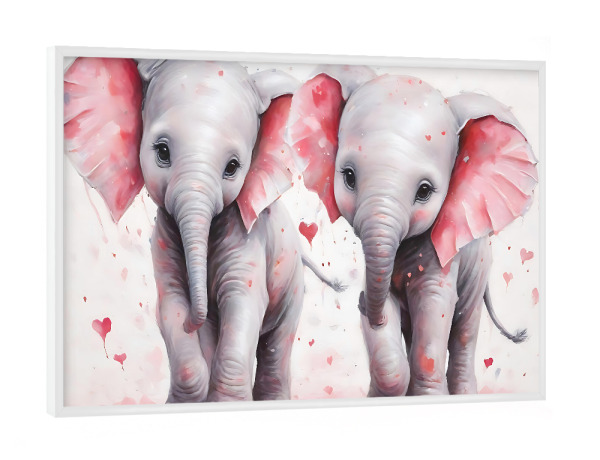 Poster mit weißem Rahmen "Herzige Elefanten Zwillinge" artboxONE - Für Kinder,Tiere - Zwillinge,Baby,Babyzimmer,Mädchen,Elefant,Süß,Tiere,Herzchen