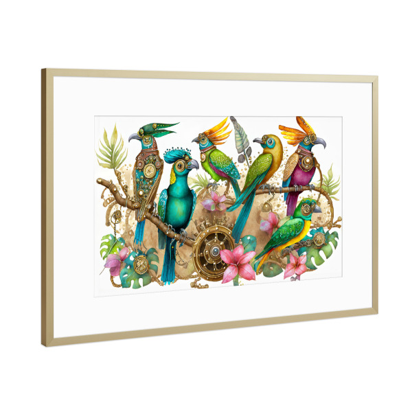 Poster mit Rahmen Gold "Bunte Vögelwesen" artboxONE - Für Kinder - Natur,Tropen,Feder,Dschungel,Tier,Papageien,Farbsättigung,Vögel,Farbenfroh