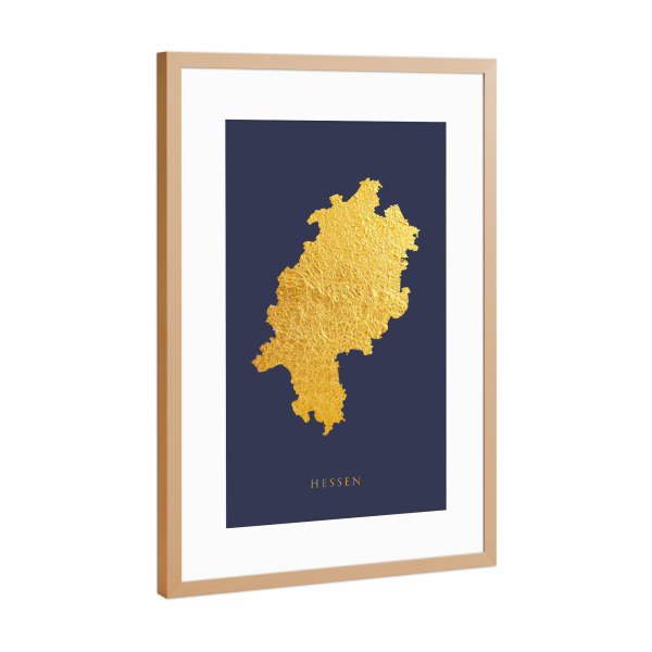 Poster mit Rahmen Kupfer "Hessen Goldkarte Blau" artboxONE - Kartografie - Hessen,Deutschland,Karte,Gold