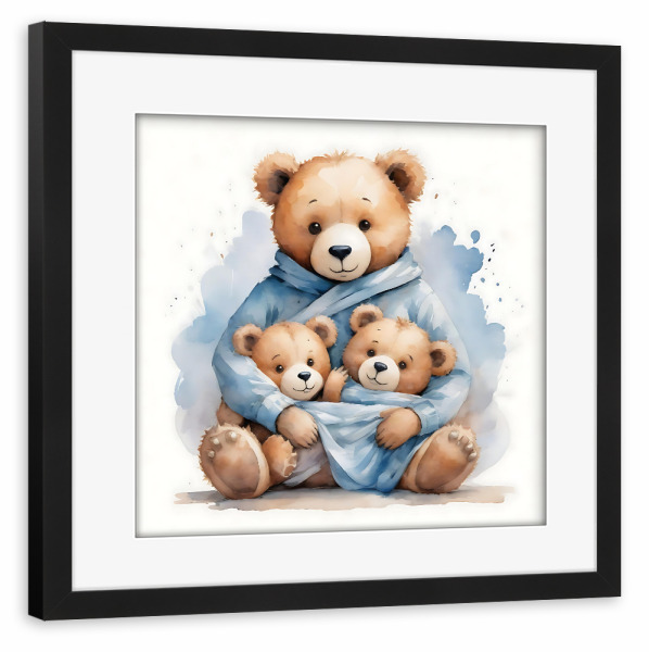 Poster mit Rahmen schwarz "Mama Bär mit Zwillings Teddys" artboxONE - Für Kinder,Für Mama - Baby,Teddy,Teddybär,Zwillinge,Jungen,Aquarell,Kinder,Süß