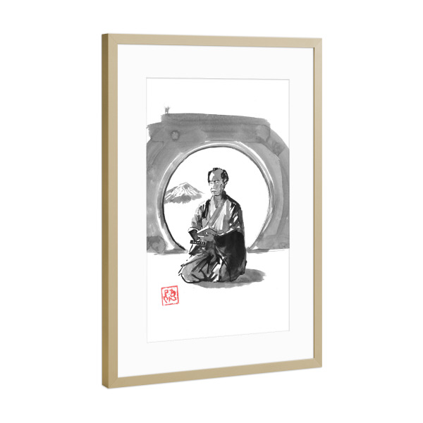 Poster mit Rahmen Gold "Samurai lesen" artboxONE - Schwarzweiß,Reise / Asien,Männer - Samurai,Sumie,Japan,Fenster,Fuji,Buch