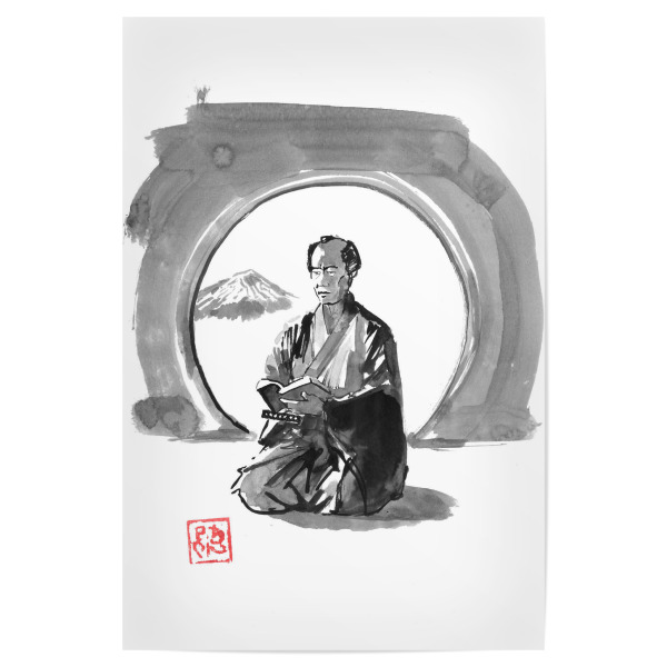 Poster 30x20 cm "Samurai lesen" artboxONE - Schwarzweiß,Reise / Asien,Männer - Samurai,Sumie,Japan,Fenster,Fuji,Buch