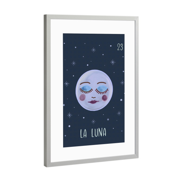 Poster mit Rahmen Silber "23 La Luna Der Mond" artboxONE - Abstrakt - Mond,Tarots,Loteria mexicana,Malerei,Blau,Astrologie,Galaxie,Sterne