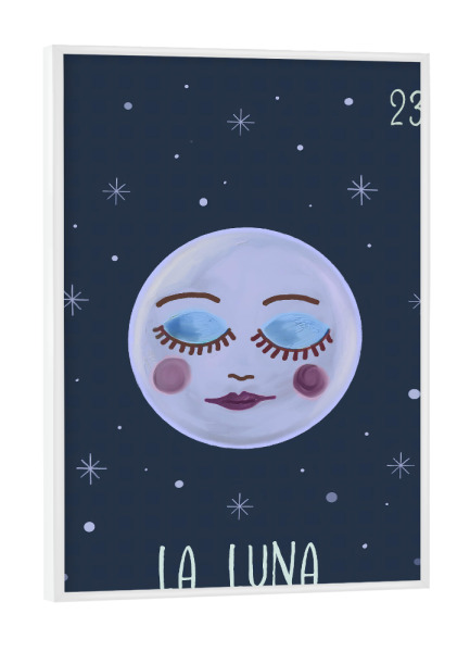 Poster mit weißem Rahmen "23 La Luna Der Mond" artboxONE - Abstrakt - Mond,Tarots,Loteria mexicana,Malerei,Blau,Astrologie,Galaxie,Sterne