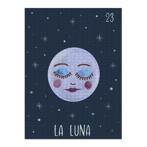 Puzzle Ravensburger "23 La Luna Der Mond" artboxONE - Abstrakt - Mond,Tarots,Loteria mexicana,Malerei,Blau,Astrologie,Galaxie,Sterne - Bild mond
