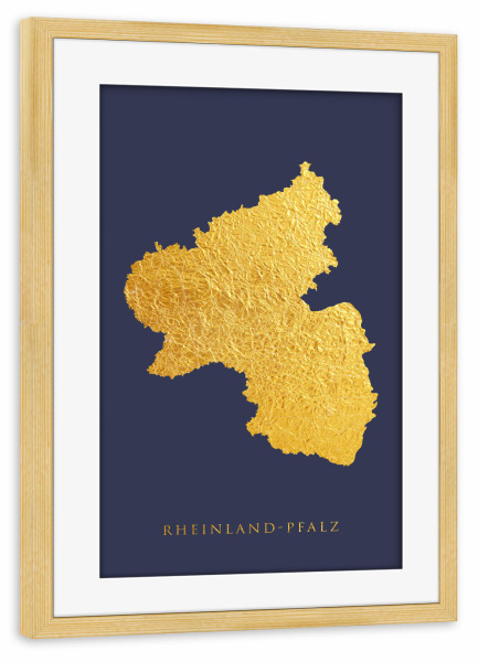 Poster mit Rahmen kiefer "Rheinland-Pfalz Goldkarte Blau" artboxONE - Kartografie - Rheinland-pfalz,Deutschland,Deutschland,Karte,Gold