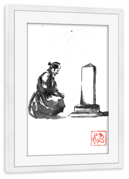 Poster mit Rahmen weiß "Trauernder Samurai" artboxONE - Schwarzweiß,Reise / Asien - Samurai,Grab,Gebet,Sumie,Japan