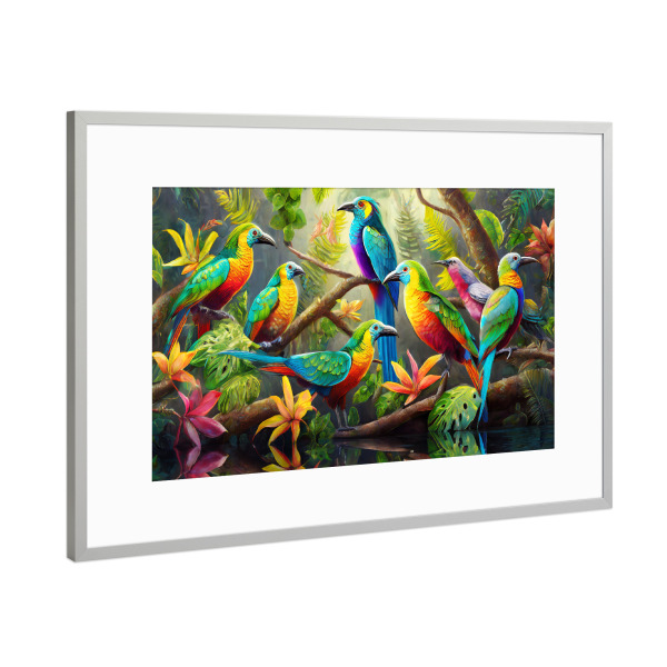 Poster mit Rahmen Silber "Bunte Tropenvögel" artboxONE - Tiere - Natur,Tropen,Feder,Dschungel,Tier,Papageien,Farbsättigung,Vögel,Farbenfroh
