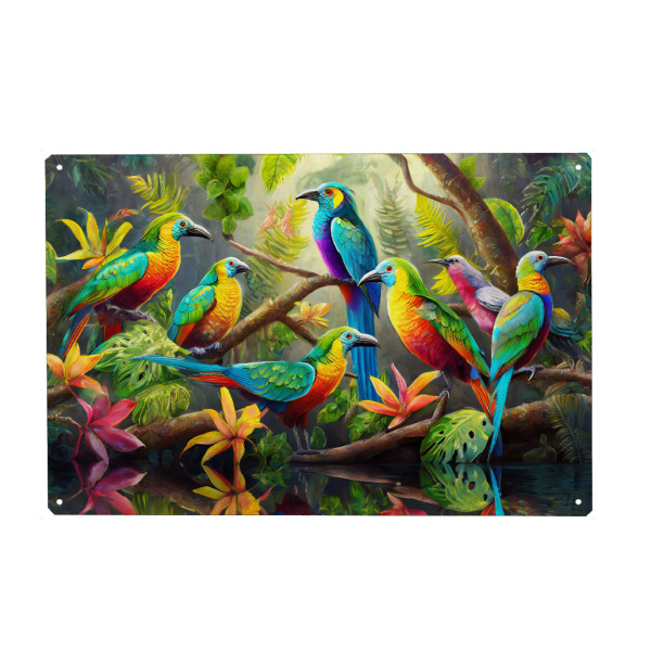 Metall Poster "Bunte Tropenvögel" artboxONE - Tiere - Natur,Tropen,Feder,Dschungel,Tier,Papageien,Farbsättigung,Vögel,Farbenfroh - Blechschild