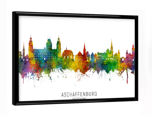 Poster mit schwarzem Rahmen "Aschaffenburg Skyline txt" artboxONE - Städte - Aschaffenburg,Deutschland,Skyline,Stadtbild,Aquarell,Malerei